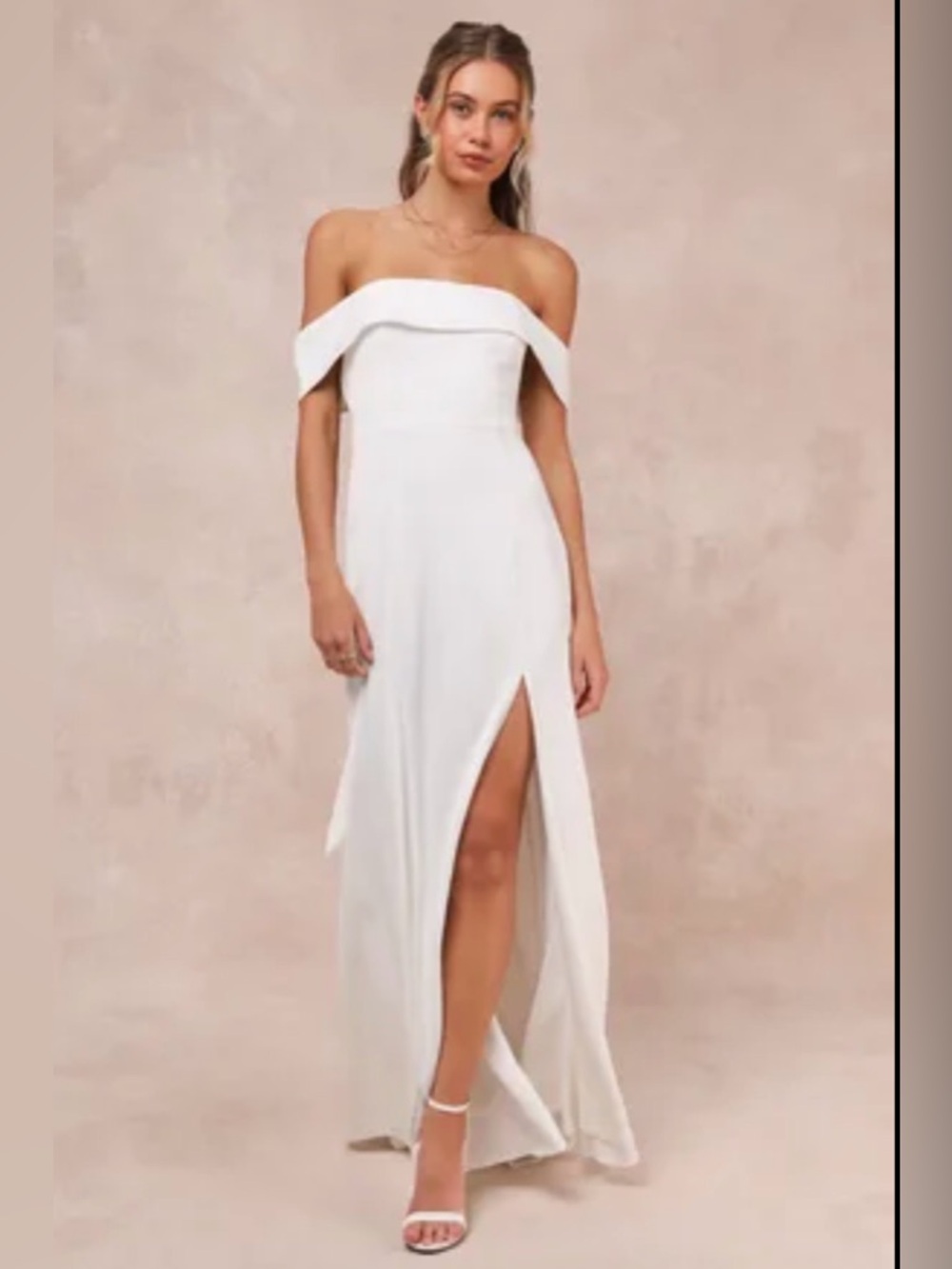 Lulus Dose of Love Ivory Satin Off Shoulder Maxi Dress Slit Formal